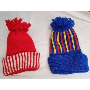VTG‎ 1970s Nobility 100% Acrylic Yarn Beanie One Size Red And Blue Qty 2! Nice!